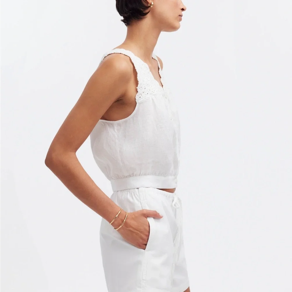 Madewell 100% Linen Embroidered V-Neck Bubble Top - Picture 3 of 7